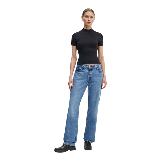 Jeans Levi's donna blu modello A1959-0106. Pantaloni in denim di cotone blu lavaggio classico a vita alta, stile mom jeans e regular fit comodo, con tasche posteriori decorate dalle iconiche cuciture arcuate a contrasto e salpa con logo sul retro