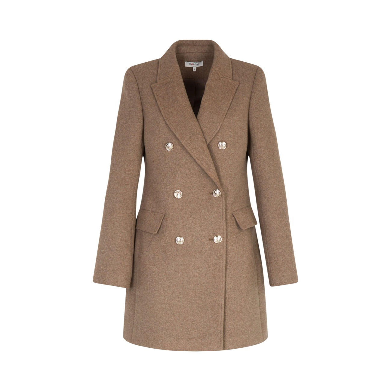 Cappotto Morgan De Toi donna Taupe 252-GCHA. Cappotto lungo elegante foderato in misto lana, abbottonatura doppiopetto con bottoni in metallo, collo a rever ampio e vestibilità dritto-regolare per l'inverno.