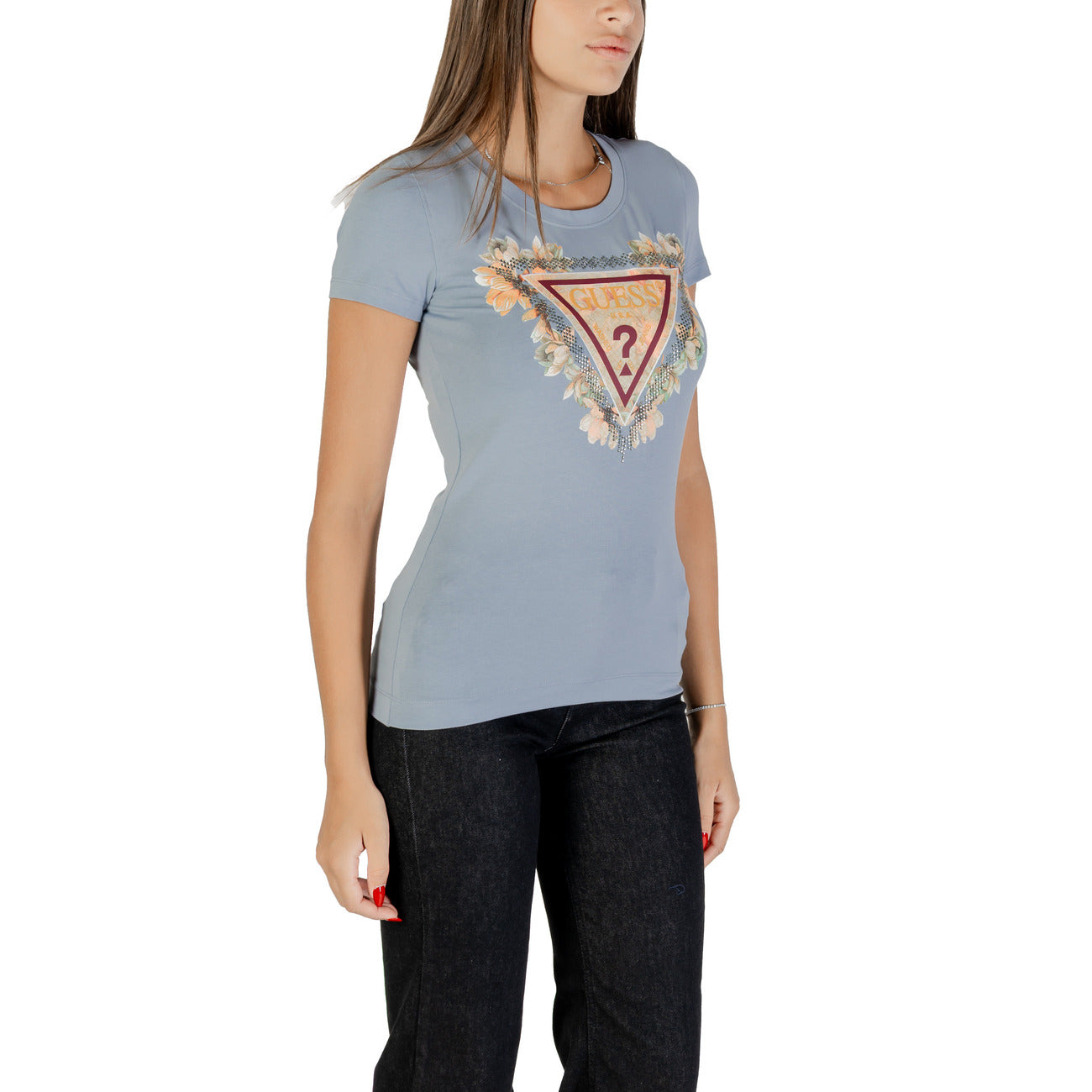T-shirt Guess FLORALES LOGO donna azzurra con stampa maniche corte scollo tondo 95% cotone 5% elastan - vista laterale frontale indossata da modello