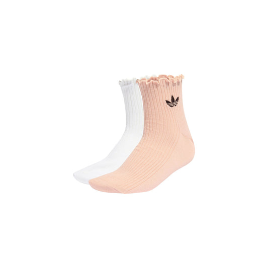 Calzini adidas Donna con Volant (2 Paia); 59% Cotone, 38% Poliestere riciclato. Polsino arricciato, Trifoglio ricamato, lunghezza al quarto. Colore Rosa/Bianco, stile casual e femminile. Frontale laterale 
