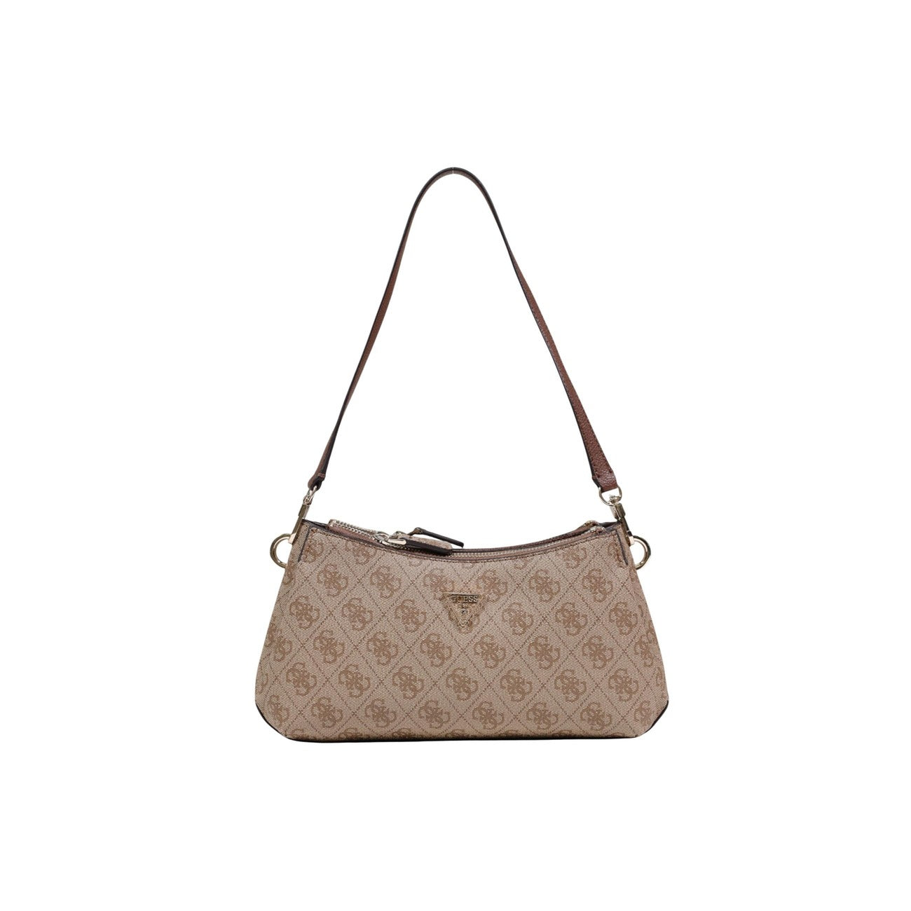Guess Noelle II Shoulder Bag; borsa marrone logata con triplo scomparto e doppia portabilità. Dettagli hardware gold, stile iconico e massima praticità quotidiana. Vista frontale 