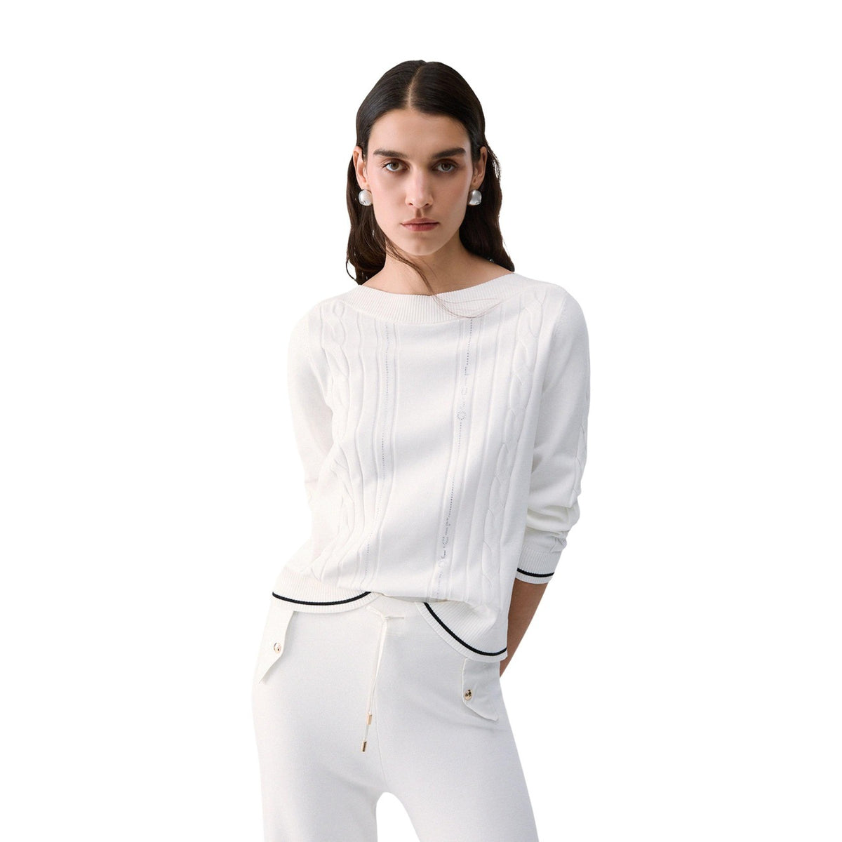 Maglia trecce donna Liu Jo – Pullover in viscosa con bordi a contrasto TF6189MS63.