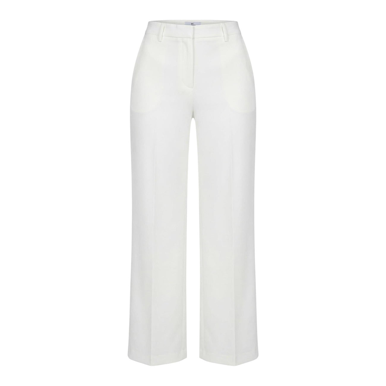 Pantaloni I AM Wide Leg; 88% Poliestere, 12% Elastan. Bianco Ottico, piega centrale, Regular Fit. Pantaloni donna eleganti e fluidi, Made in Italy. Vista frontale stesa 