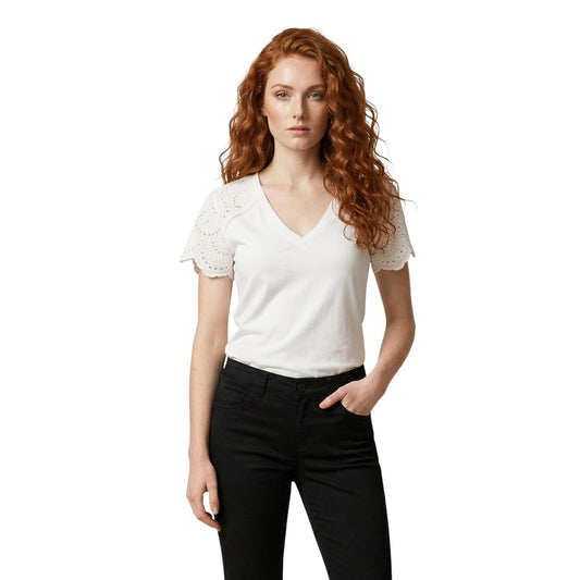 T-shirt Morgan De Toi Bianca; 100% Cotone. Maniche con ricamo traforato, scollo a V, vestibilità regolare. Stile romantico-casual, ideale per la stagione Primavera/Estate. Vista frontale 