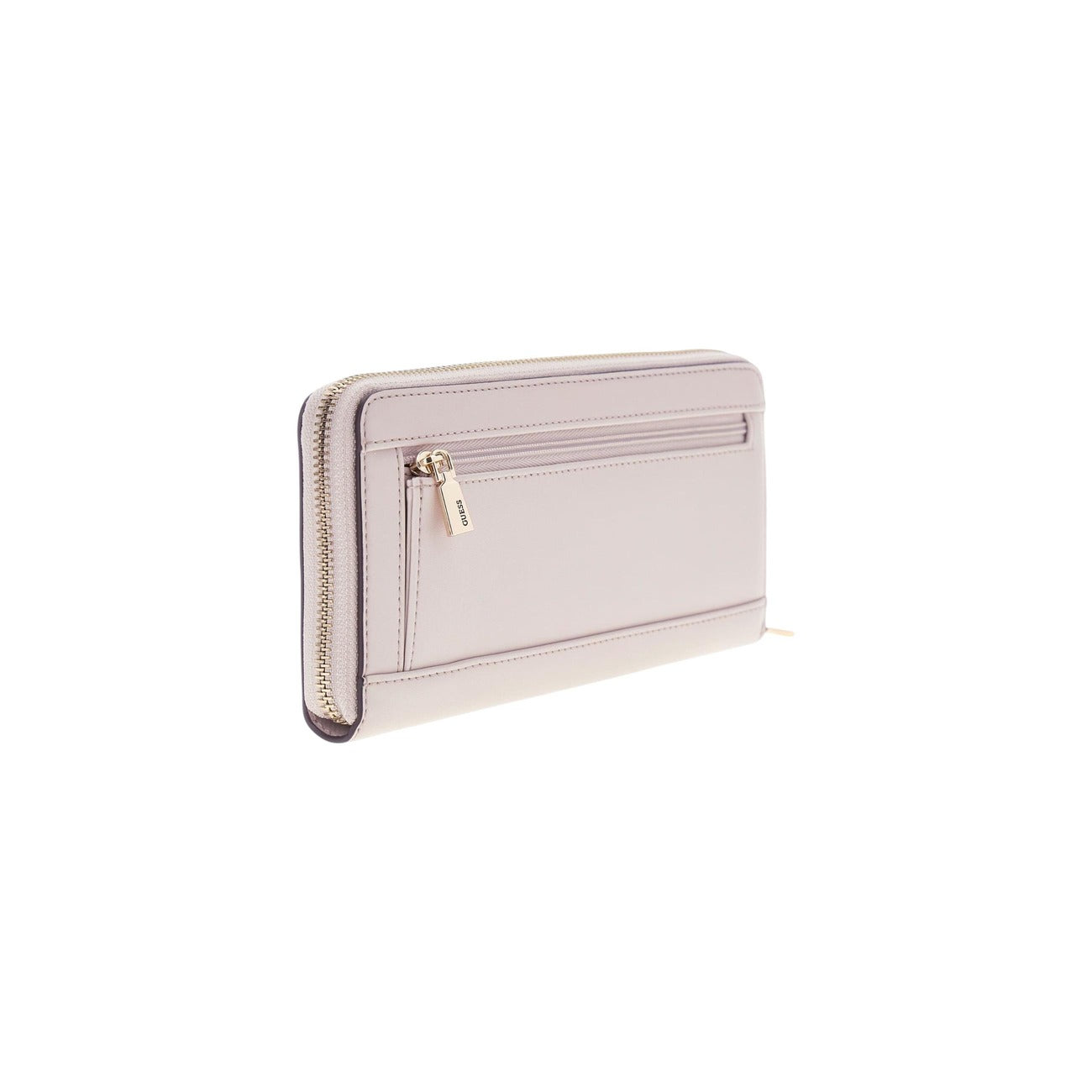 portafoglio grande Guess Janie con logo e chiusura a zip, in poliuretano liscio di colore Rosa chiaro vista retro posteriore laterale 