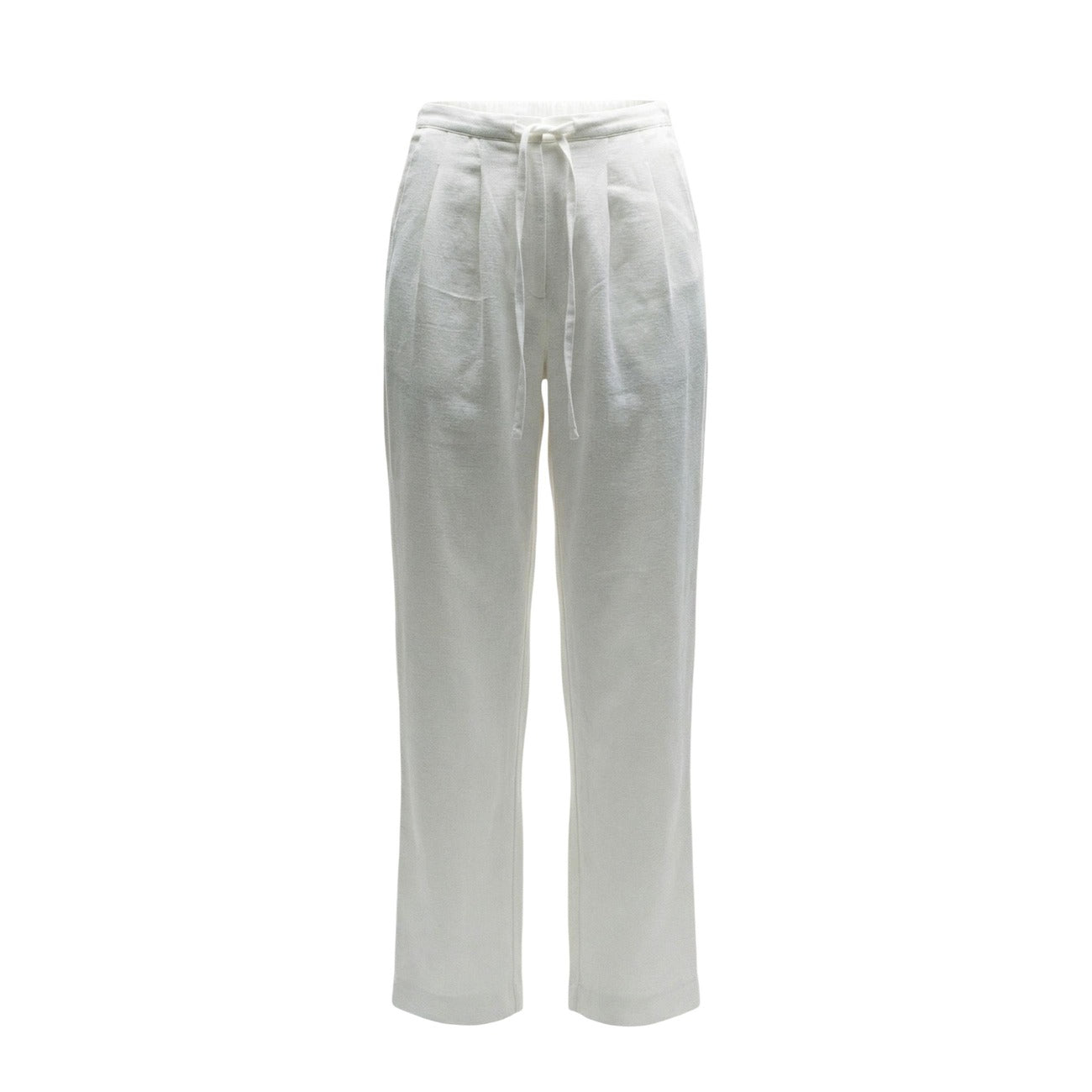 Pantaloni Wide Leg Bianchi Only; Effetto Lino. Vita elastica con coulisse, tessuto leggero in viscosa, vestibilità ampia. Freschezza e stile minimalista per l'estate. Vista frontale stesa 