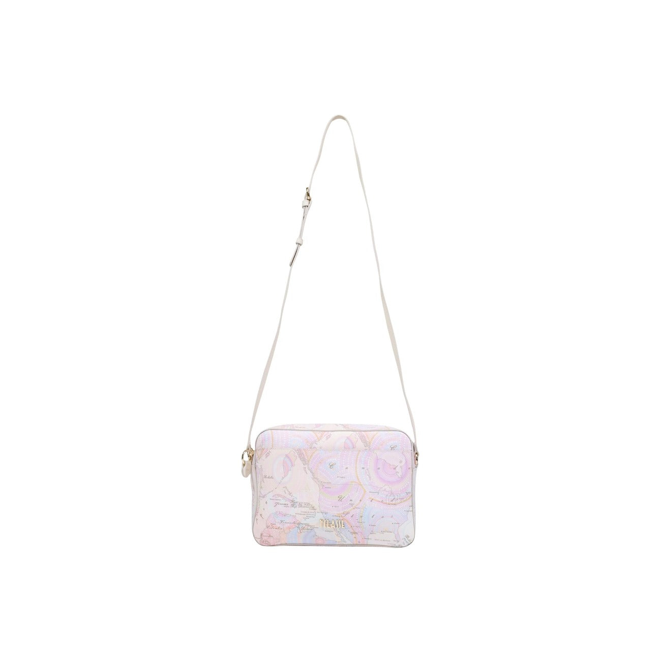 Tracolla Alviero Martini LE72 con stampa Geo, borsa modello reporter con chiusura a cerniera, interni organizzati e tracolla regolabile resistente. Vista con tracolla 