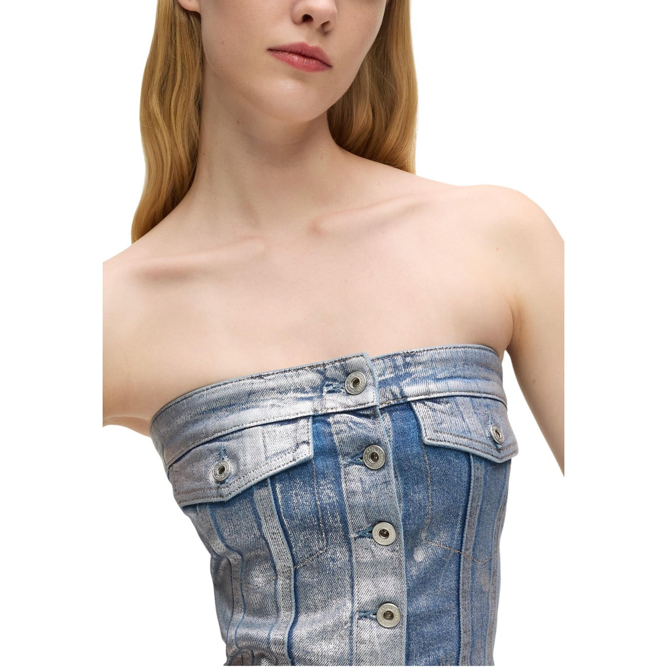 Dettaglio top bustier Karl Lagerfeld Jeans DENIM BUSTIER donna in denim blu con vestibilità aderente