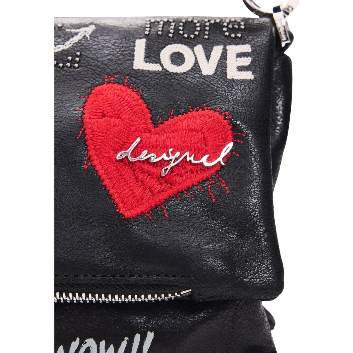 Borsa a tracolla nera donna Desigual con stampe grafiche – Borsa effetto pelle con charm cuore Desigual 26WAXP39.