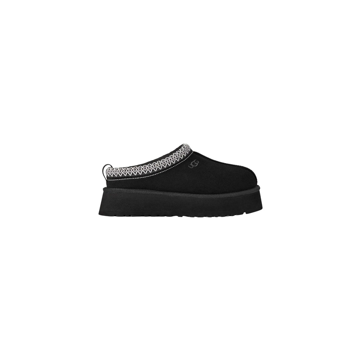Ciabatte Chestnut UGG Tazz II 1174471. Sabot da donna scamosciati nero con platform in EVA da canna da zucchero di 4,4 cm, pelliccia di montone e logo impresso a caldo.