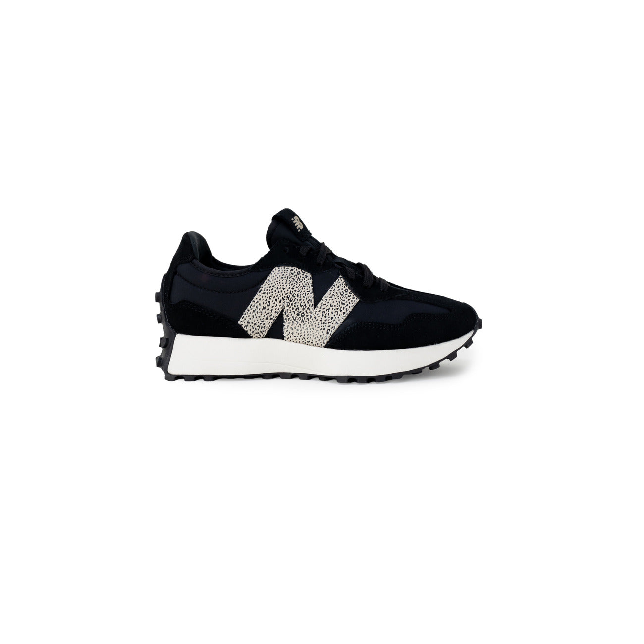 sneaker New Balance 327 da donna in pelle scamosciata e nylon, di colore nero con logo N laterale con stampa animalier leopardata