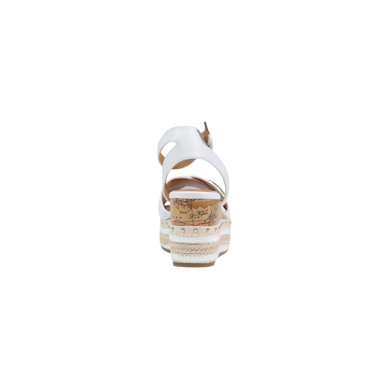 Sandali Zeppa Alviero Martini Prima Classe; 100% Poliuretano. Dettagli mappa Geo Classic, borchie dorate, chiusura con fibbia. Sandalo donna alto, confortevole e dal design iconico Vista posteriore 