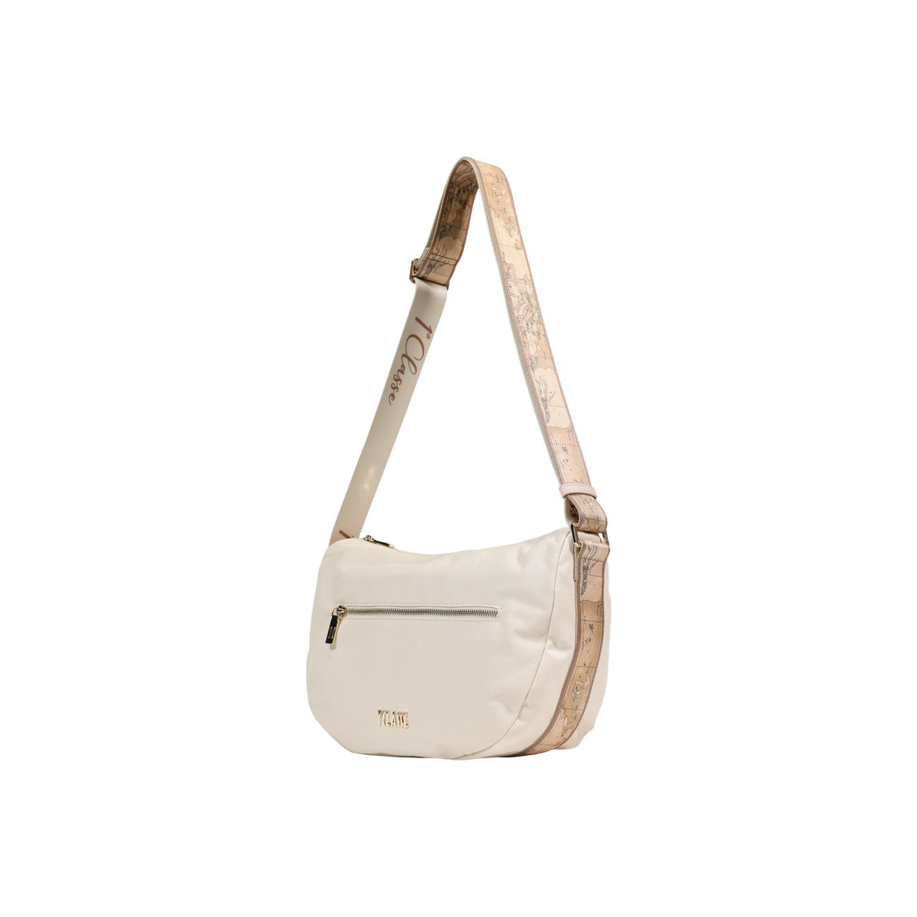 Shoulder Bag Alviero Martini LB84; poliammide riciclata, tracolla Geo regolabile. Tasca esterna con zip dorata, logo Prima Classe, formato grande. Leggera, resistente e di tendenza. Colore bianco: vista frontale Con tracolla
