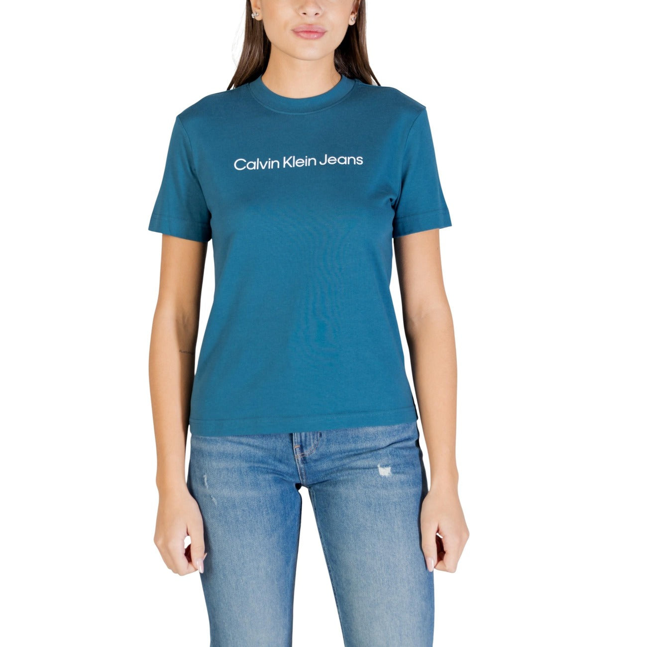 T-shirt Calvin Klein Jeans A- INST. LOGO CLASSI donna turchese con stampa maniche corte scollo tondo 100% cotone - dettaglio stampa
