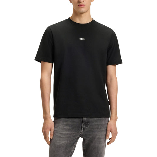 T-shirt Boss uomo nera con maniche corte e scollo tondo - vista frontale indossata da modello
