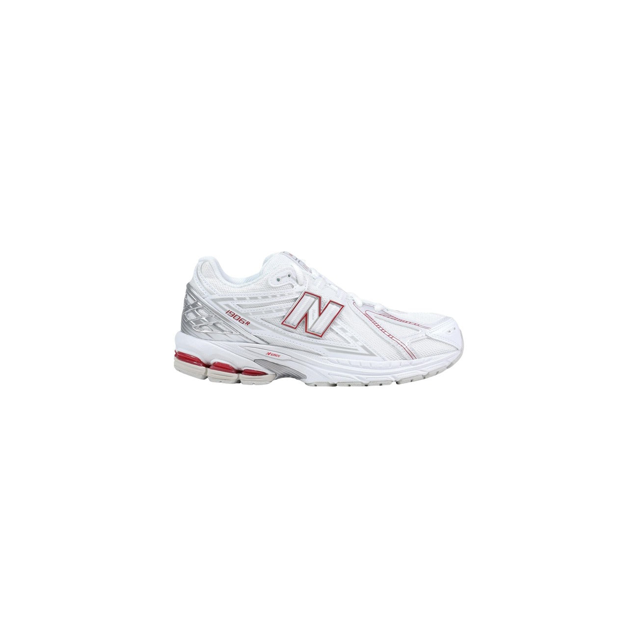 sneaker New Balance 1906R bianca e argento con accenti rossi. 
Vista laterale 