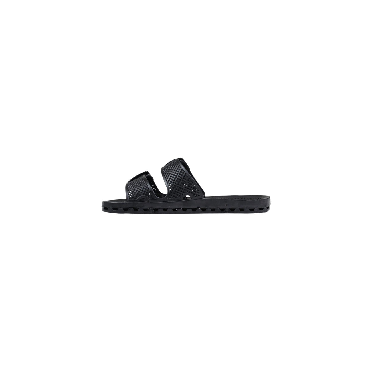 Slide Sensi La Jolla Urban Nere; 100% PVC. Doppia fascia regolabile, suola ergonomica traforata anti-ristagno, altezza 2 cm. Leggere, ultra-resistenti e lavabili. Design Made in Italy.