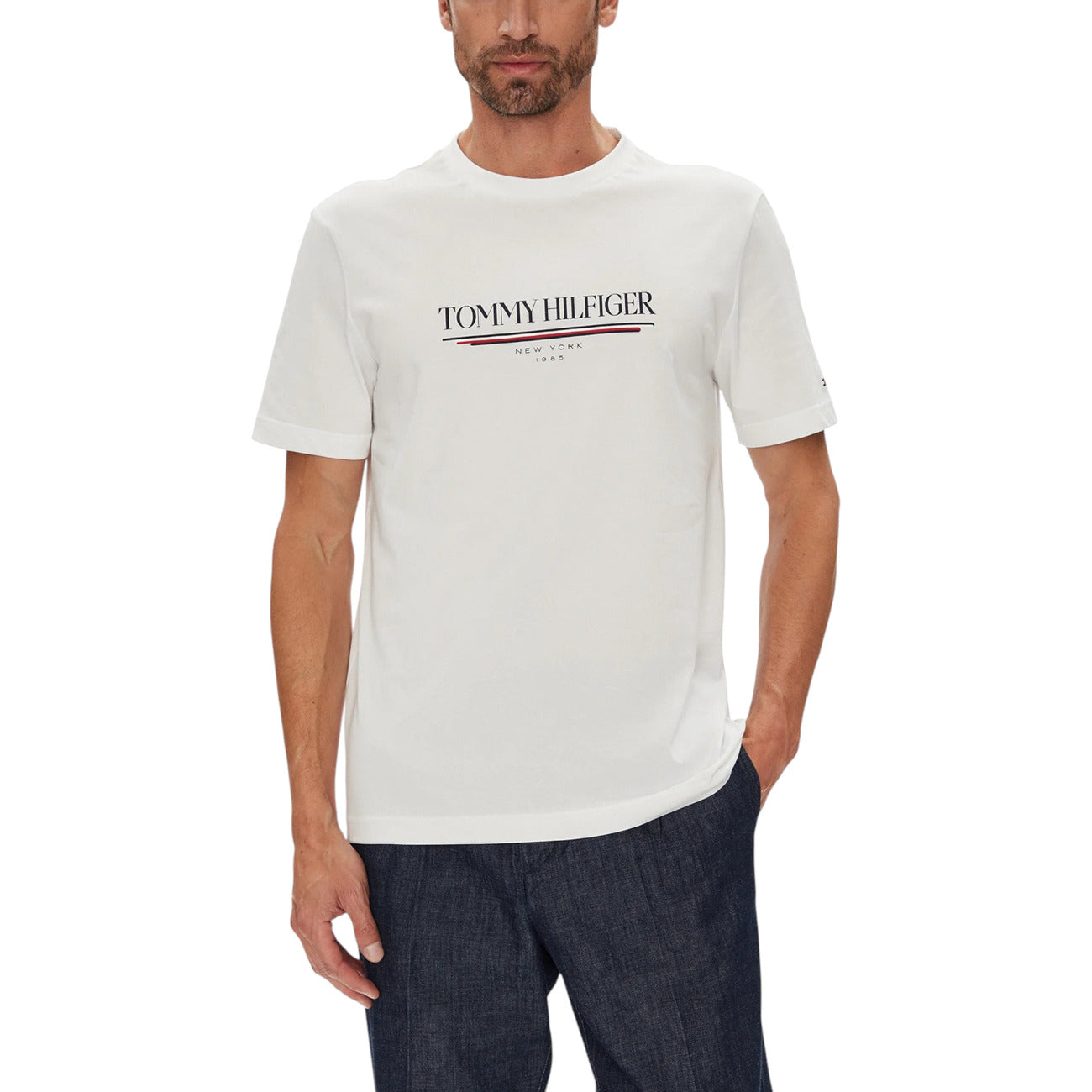 Tommy Hilfiger T-Shirt Uomo Bianca con Stampa Maniche Corte - T-Shirt Cotone Organico Scollo Tondo