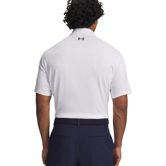 Polo Under Armour SHORT-SLEEVE PERFORMANCE 3.0 uomo bianca con bottoni maniche corte scollo tondo colletto polo 93% poliestere 7% elastan - vista posteriore retro indossata da modello