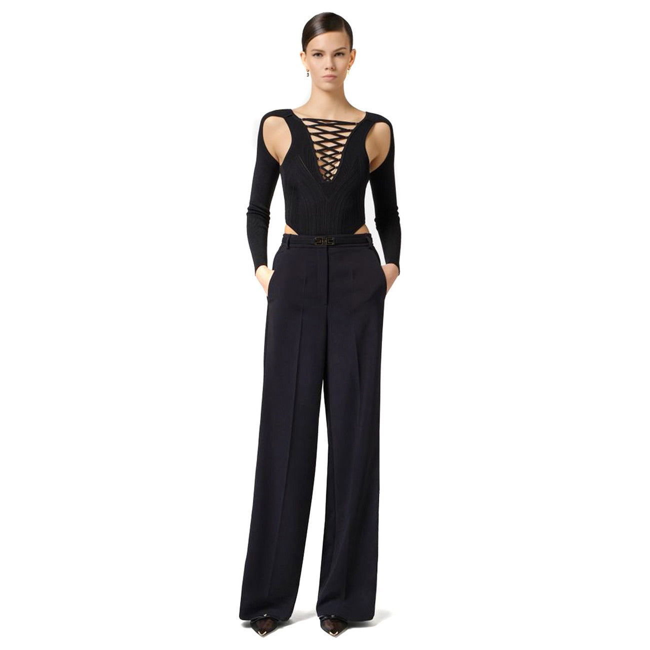 Elisabetta Franchi Pantaloni Donna Neri con Zip Bottone - Pantaloni Poliestere Elastan