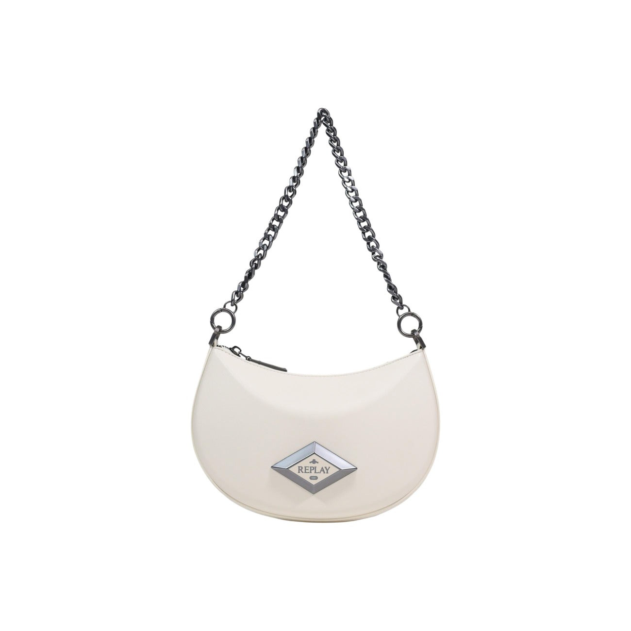 Mini Bag Replay Bianca; Forma a mezzaluna. Manico a catena, chiusura con zip, logo metallico. Dimensioni mini 15x6x5 cm. Borsa a spalla leggera e moderna, ideale per la mezza stagione. Vista frontale 