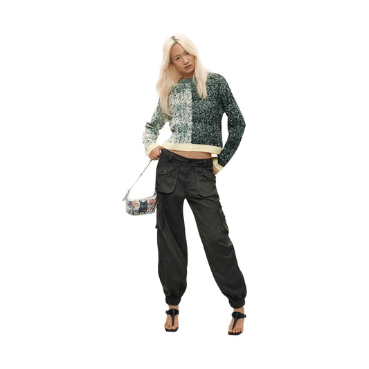Maglia Desigual donna verde bicolore JERS EARTH. Maglione corto cropped in maglia grossa con lana e poliammide riciclata, girocollo e finiture gialle a contrasto, abbigliamento donna autunno inverno.