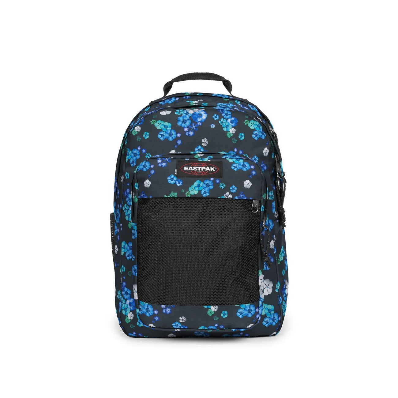 Zaino Eastpak Blu scuro con fiori azzurri; Dimensioni 29x44x28 cm. Doppio comparto con apertura a U, tasca laptop 16 pollici e portaborraccia. Organizer integrato e schienale trapuntato, stile casual-studio