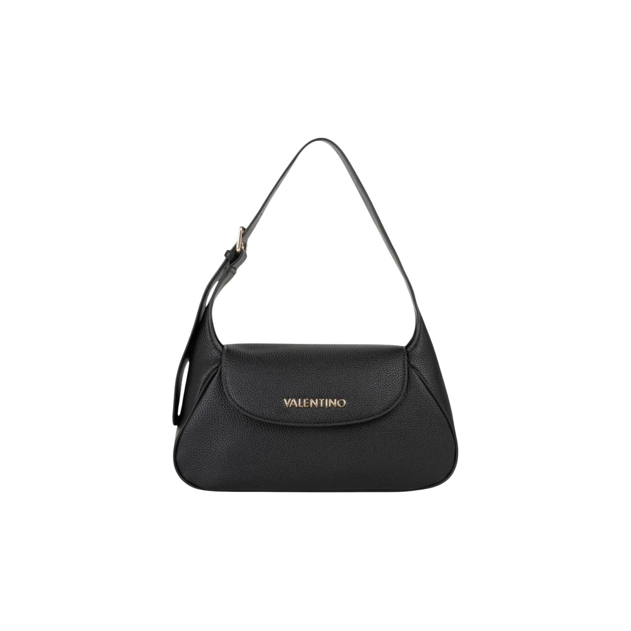 Flap Bag nera Valentino Bags Daphne RE, superficie testurizzata, logo gold frontale e tracolla regolabile; borsa a spalla media con interno organizzato e chiusura a patta. Vista frontale 