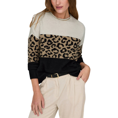Only Maglione Donna Beige Leopardato Maniche Lunghe Scollo Tondo - Maglione Acrilico Poliestere