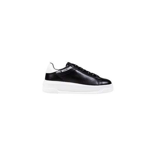 Sneakers Love Moschino donna nere bicolore platform. Scarpe sportive da donna in pelle nera e bianca con suola alta a plateau, lacci e logo stampato stile casual, glam e urban streetwear.