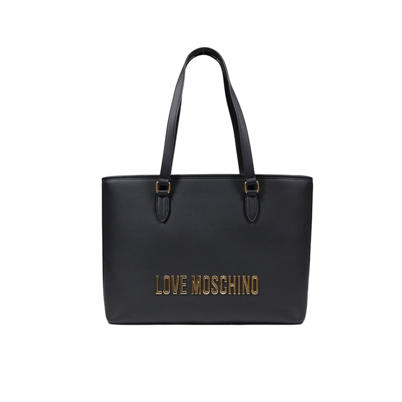 Borsa Love Moschino donna nera shopping modello JC4190PP1. Borsa grande a spalla liscia effetto pelle nera per documenti e lavoro con logo lettering dorato in rilievo stile casual chic e business daily.