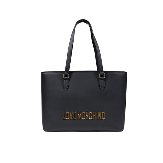 Borsa Love Moschino donna nera shopping modello JC4190PP1. Borsa grande a spalla liscia effetto pelle nera per documenti e lavoro con logo lettering dorato in rilievo stile casual chic e business daily.