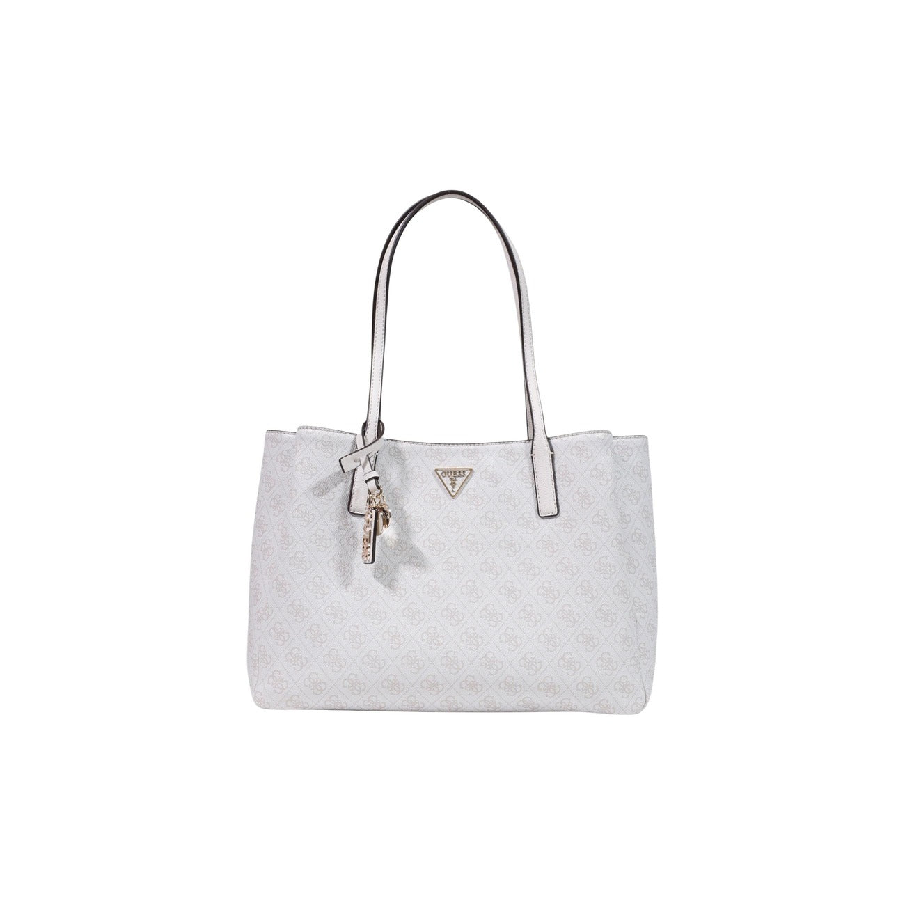 Borsa Shopper Grande Donna Bianca Guess Anadela; Struttura 100% poliuretano con motivo logo all-over e chiusura a zip. Triplo scomparto interno, manici lunghi a spalla e charm coordinato, stile elegante 4 stagioni. Vista frontale 