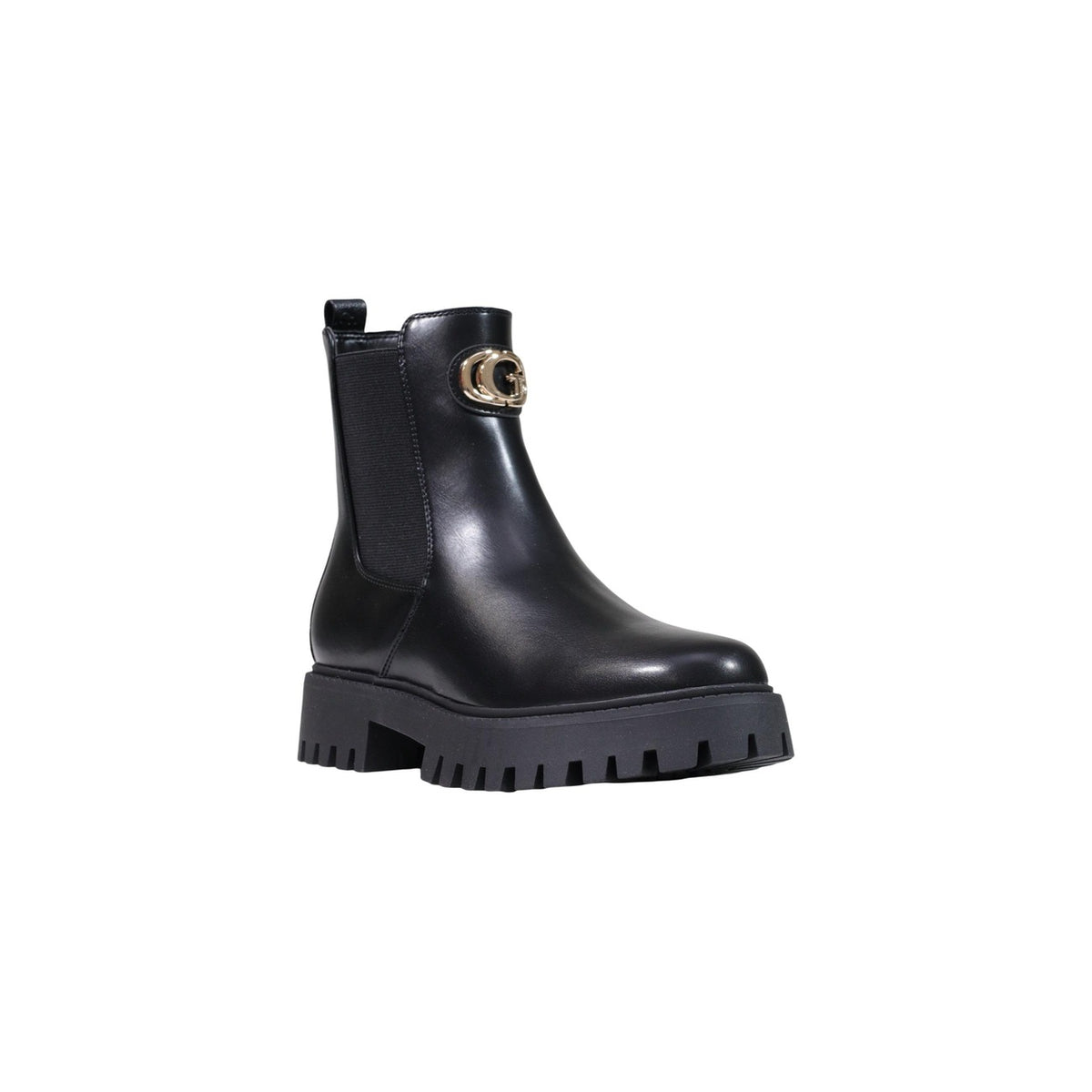 Anfibi Guess donna neri FLTFID ELE10 Fida. Stivaletti casual con elastico in ecopelle, suola scanalata alta 4 cm stile carrarmato, placchetta logo dorata o metallica laterale, scarpe mezza stagione.