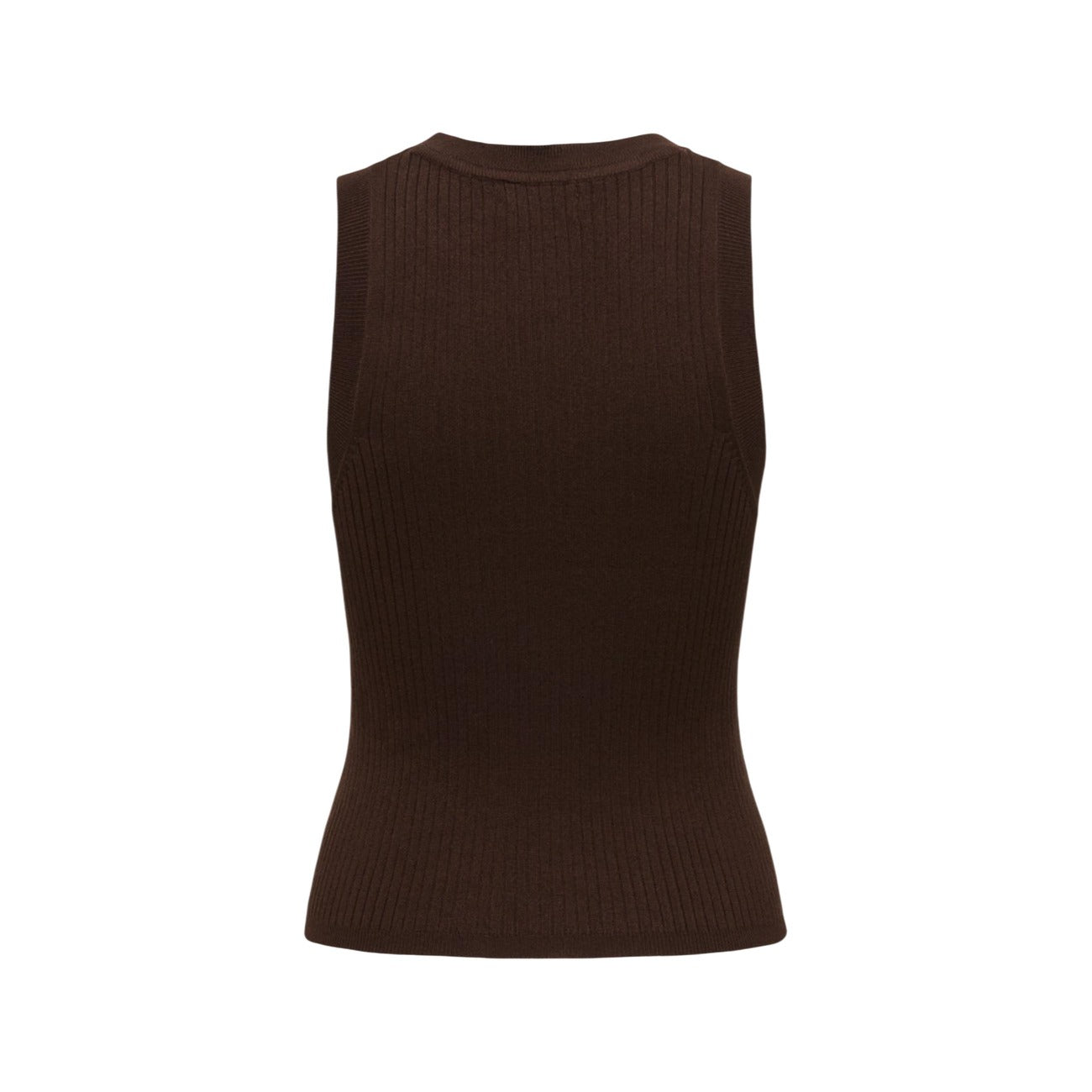 Gilet Maglia Jacqueline De Yong JDYAYA; 80% Viscosa, 20% Nylon. Scollo tondo, senza maniche, lavorazione maglia piatta. Morbido, elastico e traspirante. Modello continuativo (NOOS) Primavera/Estate. Colore marrone. Vista posteriore 