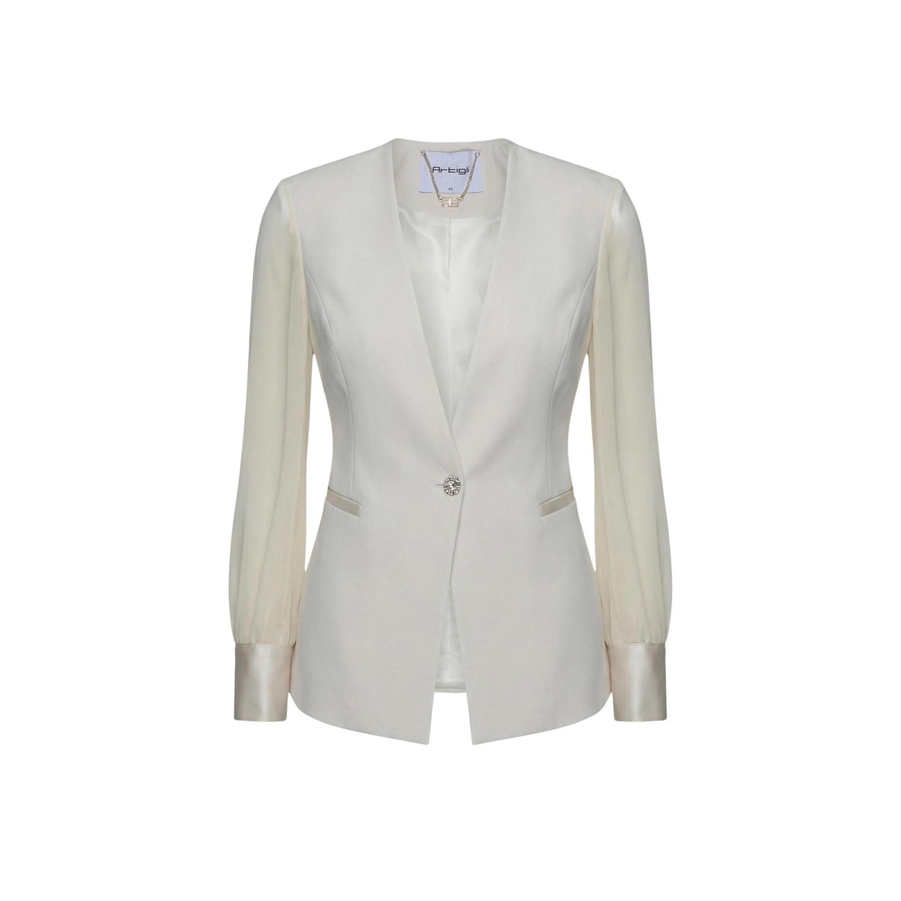 Artigli Blazer bianco con maniche in trasparenza; giacca sartoriale stretch con bottone gioiello, stile moderno e femminile, perfetta per outfit da sera raffinati o occasioni speciali. Vista frontale Stesa