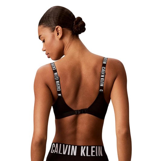Reggiseno Bralette Donna Nero Calvin Klein; Modello leggermente imbottito senza ferretto in cento per cento poliestere. Spalline e banda sotto-seno elasticizzate con logo, stile casual-luxury 4 stagioni. Posteriore 