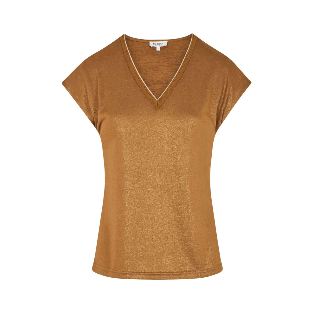 T-shirt Morgan De Toi Marrone; 66% Viscosa, 34% Poliestere. Scollo a V, tessuto lucido leggero, vestibilità relaxed. Stile elegante-casual, ideale per la stagione Primavera/Estate. Vista stesa 