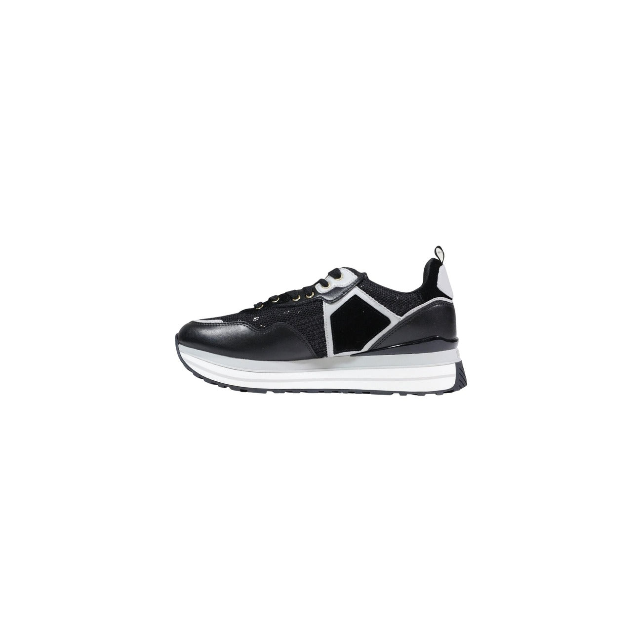Sneakers Liu Jo Maxi Wonder 01; Nero con Paillettes. Pelle, suede e mesh tecnico. Suola platform 4,5 cm, logo LJ metallico, spoiler lucido. Stile glamour-sportivo Primavera/Estate.