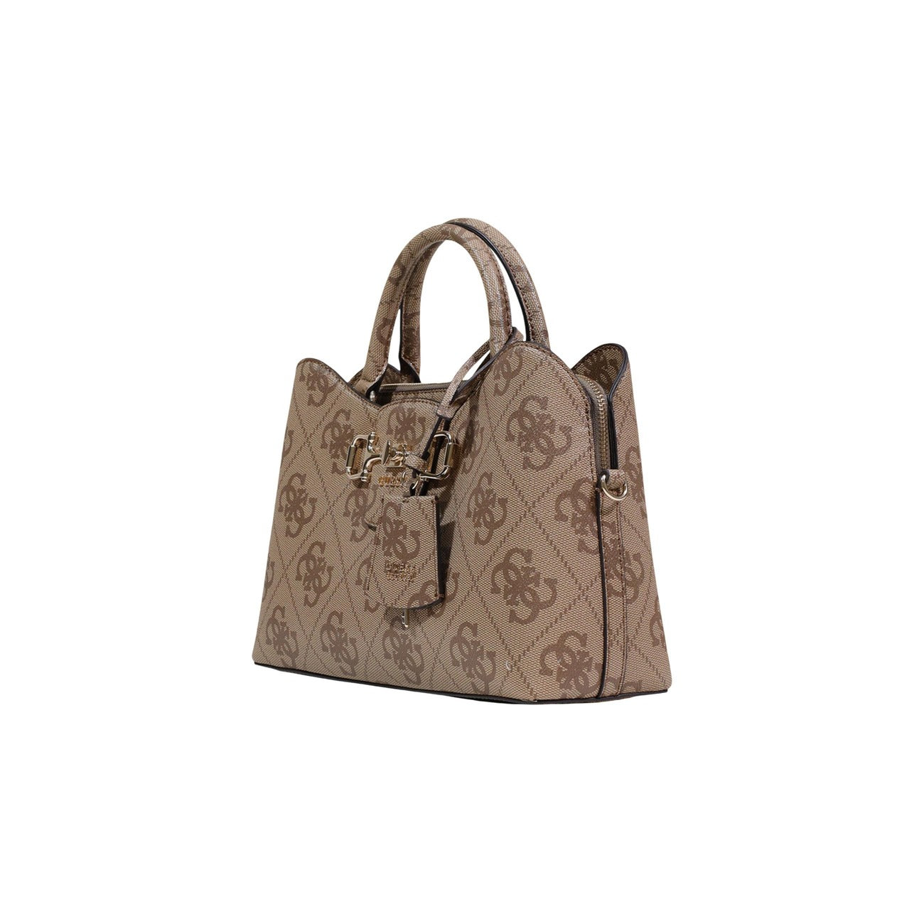 borsa a mano Guess Janie Logo Girlfriend Satchel in poliuretano beige scuro con logo all-over vista frontale Laterale