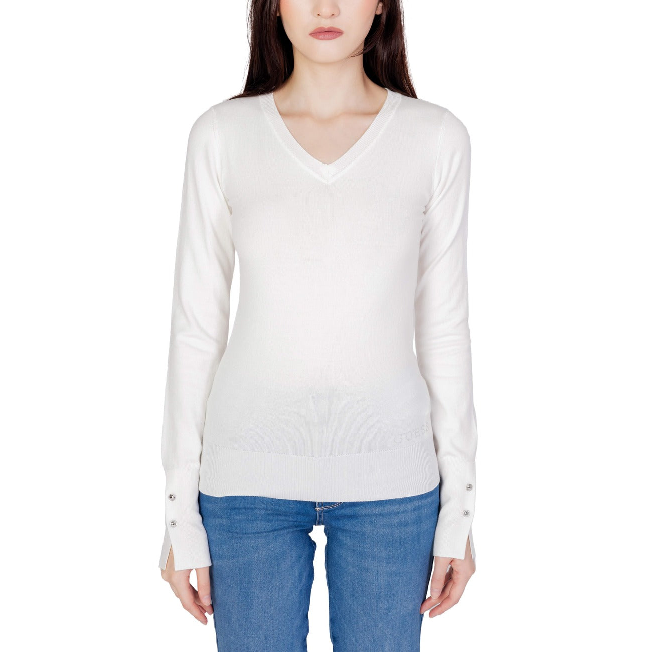 Guess Maglia Donna Nera in Cotone 100% a Manica Lunga con Scollo a V W2YR31Z2V62