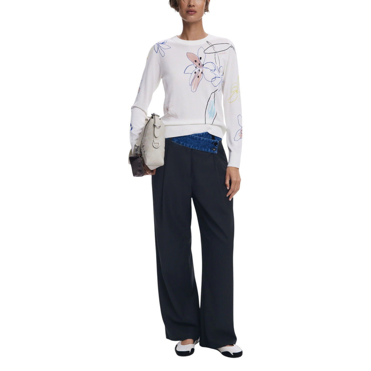 Desigual Maglia Donna Bianca Floreale Maniche Lunghe Scollo Tondo - Maglia Viscosa Poliammide
