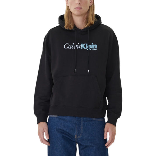 Calvin Klein Men's Black Hoodie with Print - Long-Sleeved Cotton Sweatshirt with Pocket