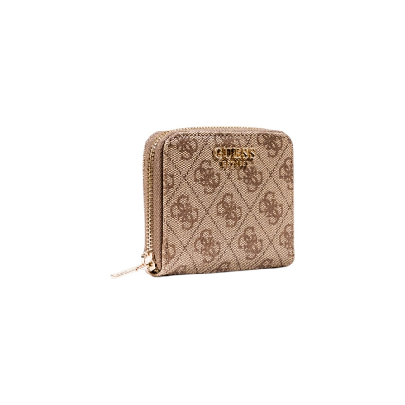 Guess Laurel II Small Wallet; portafoglio piccolo beige compatto con cerniera perimetrale, texture monogrammata e scomparti per carte e monete. Accessorio raffinato e funzionale. Vista frontale Laterale 