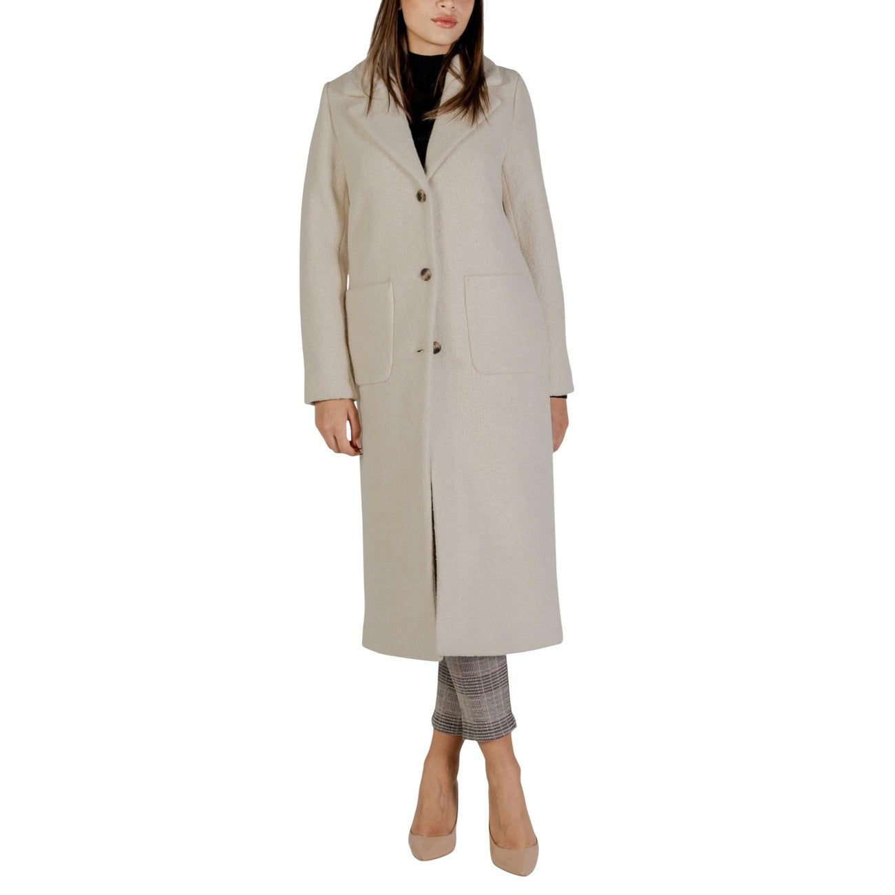 Ichi Cappotto Donna Beige Maniche Lunghe - Cappotto Lana Bottoni Tasche Autunno Inverno