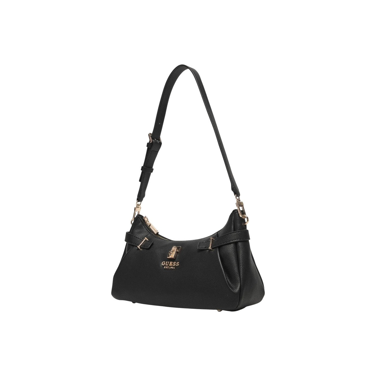 Borsa Guess Yesba Shoulder Bag; 100% Poliuretano Nero. Metalleria dorata, chiusura con cerniera, tasche interne. Borsa donna a spalla elegante e capiente. Vista frontale laterale 