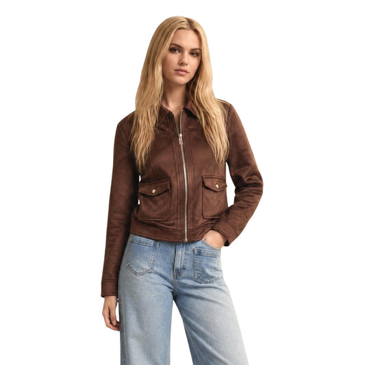 Giacca corta marrone donna Morgan De Toi 252-GLIVA casual chic. Giacchetto mezza stagione in poliestere riciclato con cerniera zip, colletto e tasche con bottoni metallici, abbigliamento donna autunno primavera.