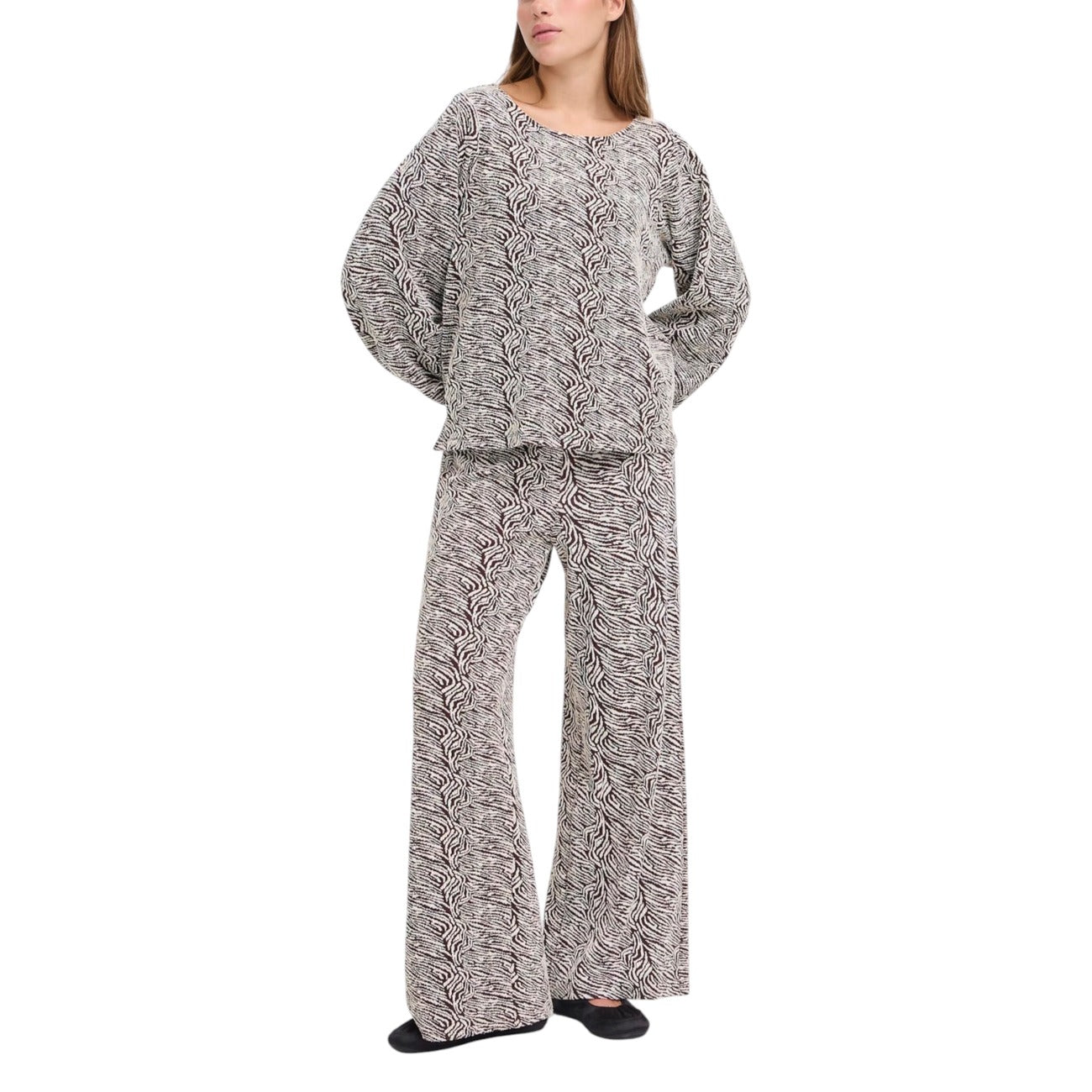 Ichi Pantaloni Donna Marroni con Stampa - Pantalone Autunno Inverno Cotone Elasticizzato