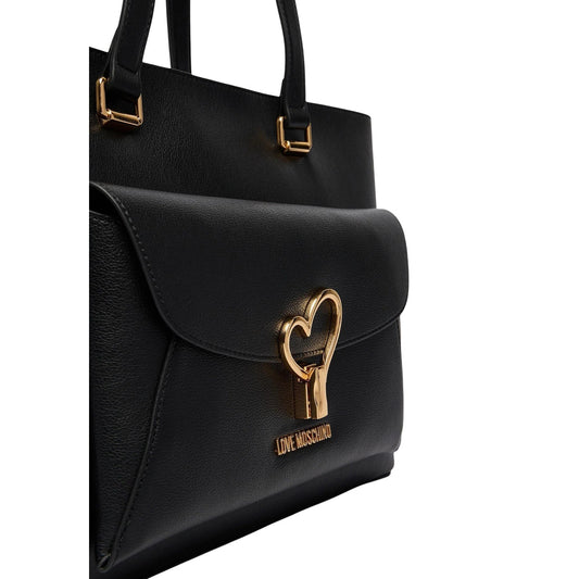 Borsa Love Moschino donna nera grande spalla modello JC4136PP1. Shopping bag shopper nera in ecopelle con tasca anteriore a patta, logo e placca a cuore in metallo dorato lucido, borsa giorno capiente per ufficio e università con chiusura a zip.