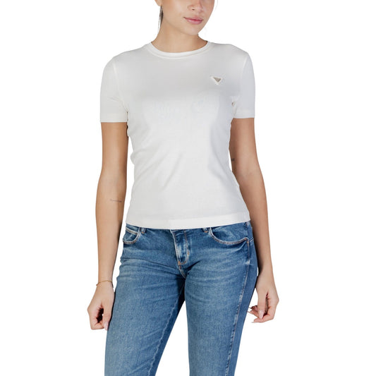 T-shirt Guess Active donna bianca manica corta scollo tondo 50% cotone 42% modal 8% elastan - vista frontale indossata da modello

